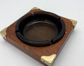 Beauty of a Mid Century Square Wood,Brass and Glass Ashtray/Trinket Dish with original sticker: Ro-El Murano Italy