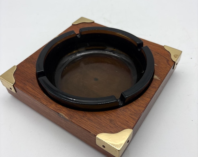 Beauty of a Mid Century Square Wood,Brass and Glass Ashtray/Trinket Dish with original sticker: Ro-El Murano Italy