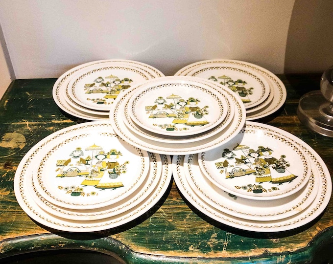 5 Place Settings  Set of Dishes from Norway. Dinner Plate. Salad and Dessert Plate. Figgjo Flint Turi Design. Market Pattern