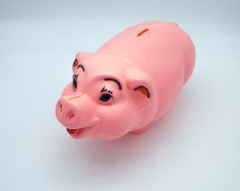 Classic Plastic Piggy Bank in Pink with Adorable Hand Painted Face. Plastic Pig Figurine Bank, Collectible Kitsch Pig