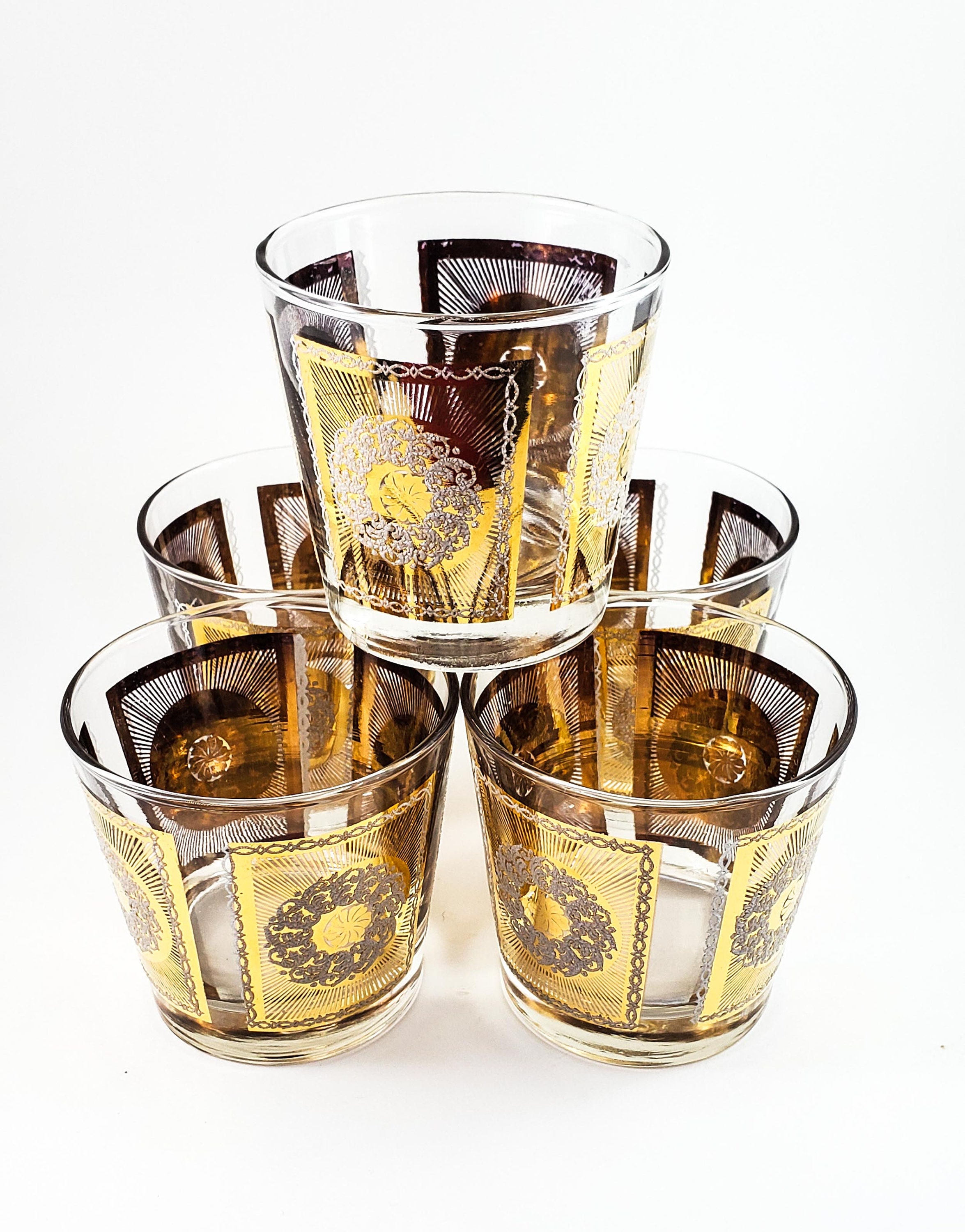 Awesome Vintage Mid Century Gold Embossed Whiskey Glasses with White