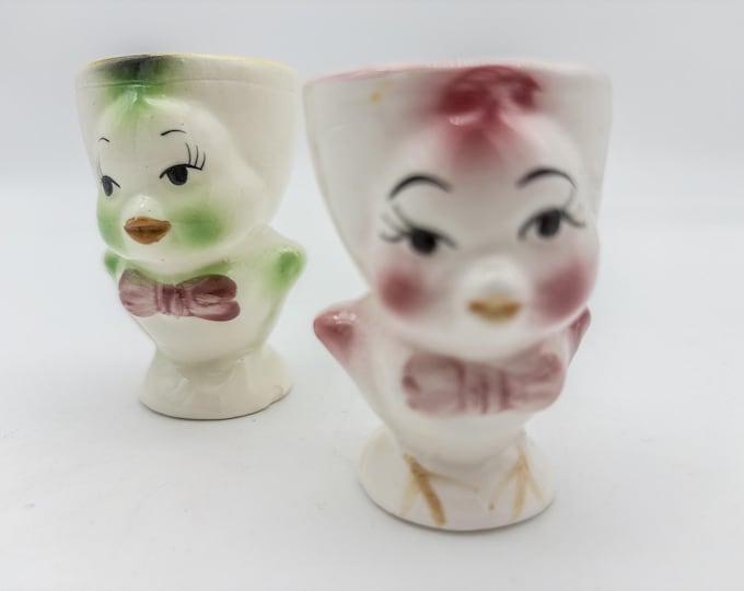 Adorable Anthropomorphic Sweet little birdie 2 egg cup set  Vintage Kitchen Decor.
