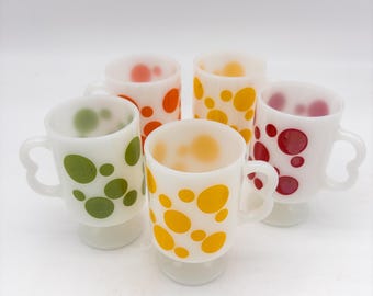 RARE Vintage Hazel Atlas multi colour Polka Dot Milk Glass 8oz Mugs with double finger handles