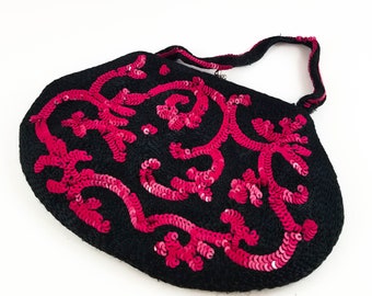 Magnificent Black Embroidered Hand Sequinned Black Evening Bag with Deep Red Sequins