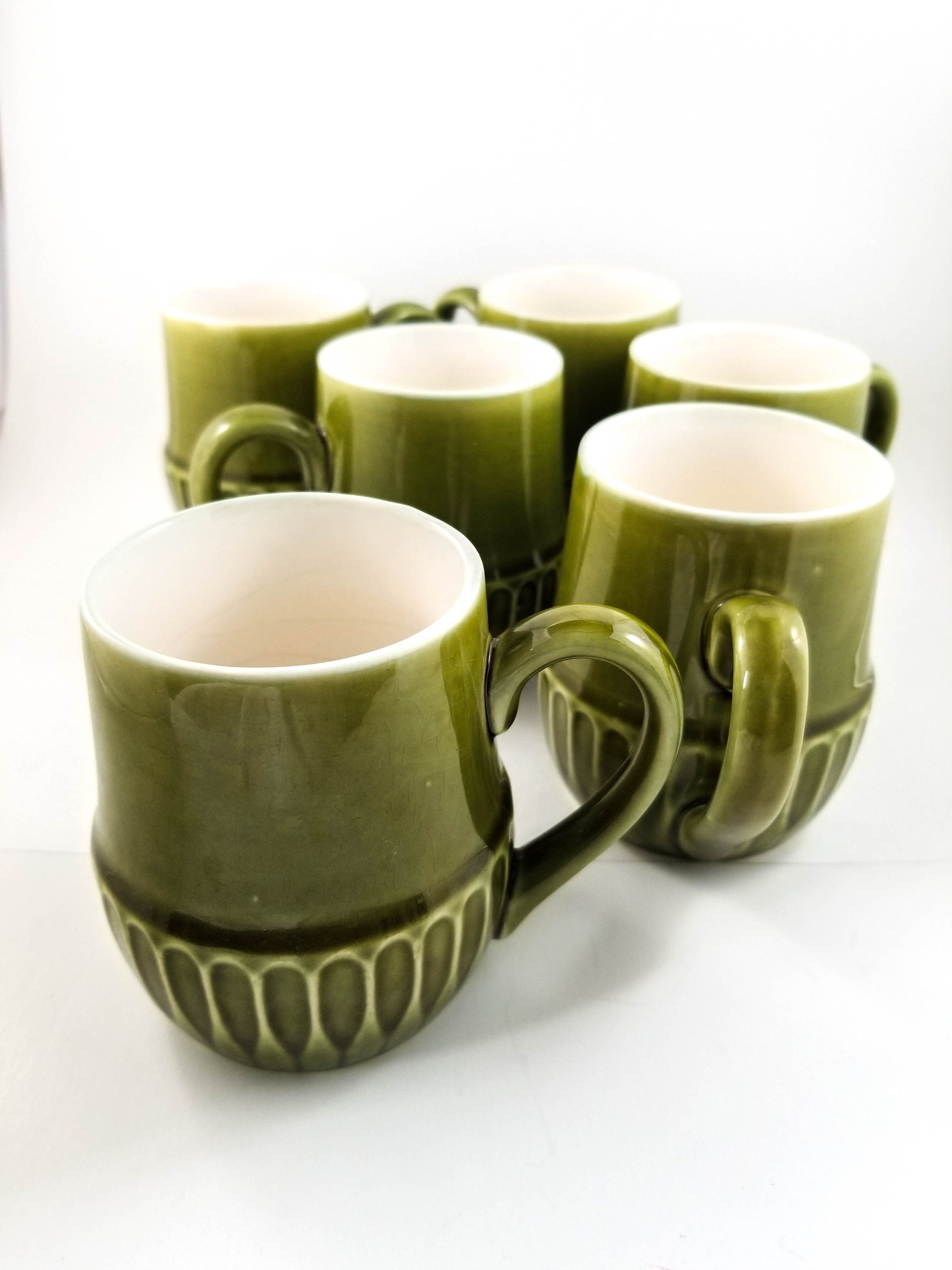 Set of 6 Super Cool Vintage Green Mid Century Modern Ceramic Stacking Mugs