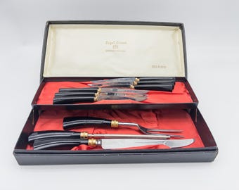 Gold Plated Bakelite Handled Royal Crown Sheffield 9 Piece Carving Set Red Satin Lined Cased