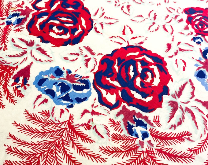 1950's Stunning Cotton Red and Blue Tablecloth