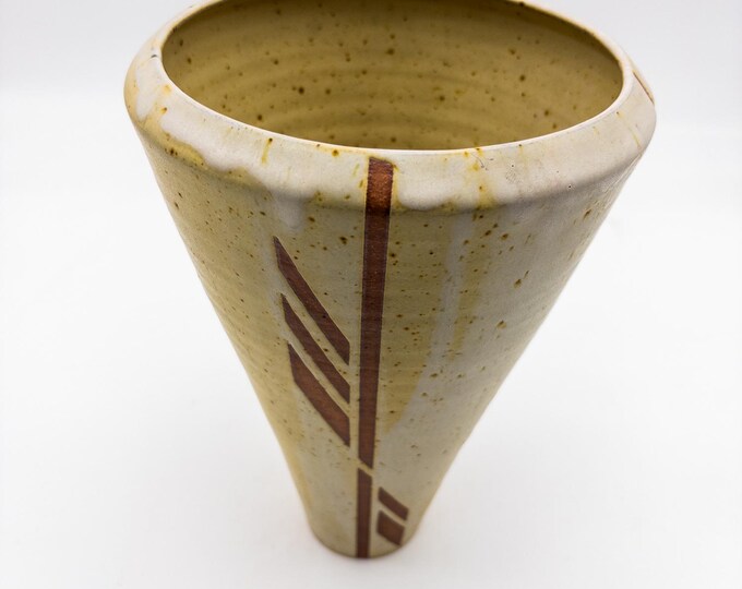 Stunning Speckled Cream Stoneware Vase with Flared, Conical Sides and Geometric Accents. Signed by Artist