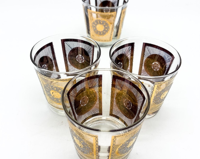 Mid Century Libbey Lo Ball Glasses Set, Gilt Hollywood Regency x 4
