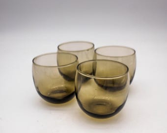 Stunning Set of 4 Mid Century Smokey Brown Roly Poly Lo Ball Glasses