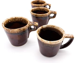 Set of 4 Super Cool Vintage Ceramic McCoy Brown Mugs with Drip Glaze Rims