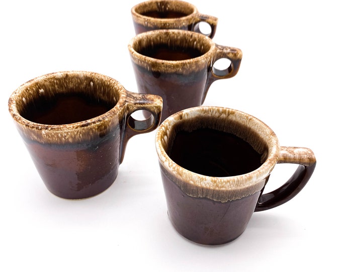 Set of 4 Super Cool Vintage Ceramic McCoy Brown Mugs with Drip Glaze Rims