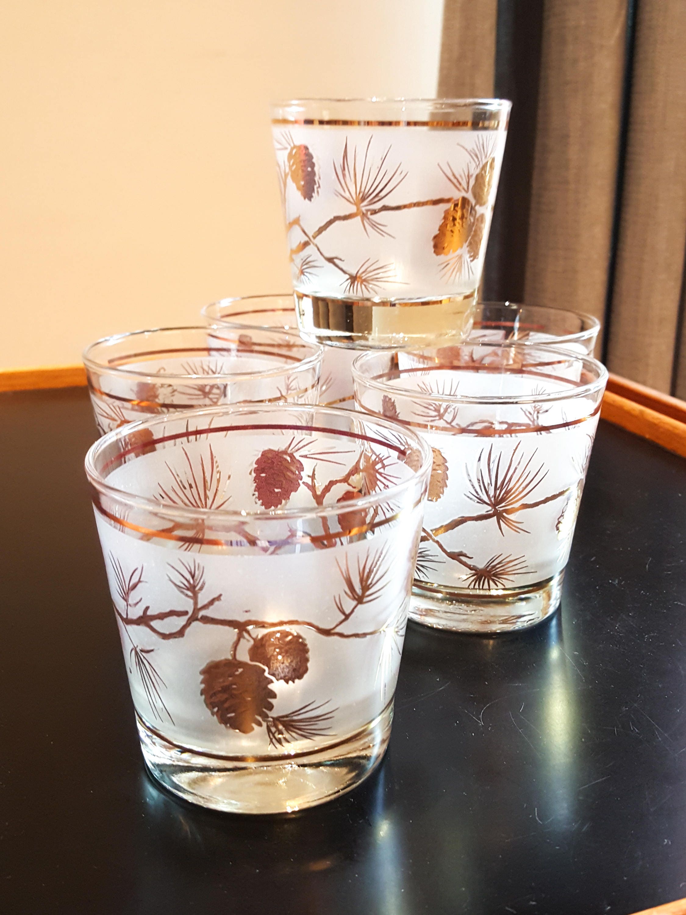 6 Vintage MCM Libbey Lowball Whiskey Glasses Gold Leaf Pine Cone