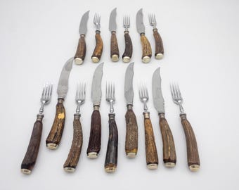 Harrison and Howson 15pc Staghorn Stainless Steak Knife set with Sterling details