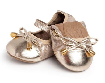 Gold Flower Girl Shoes, Junior Bridesmaid Slippers,Talaria Littles,Mary Jane glitter ballet flats with bow,baby birthday shoes for toddler