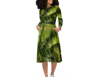Grünes Palmen Midi Kleid mit langen Ärmeln und Taschen | Kleid mit Taschen | Herbstkleid | Grünes Kleid