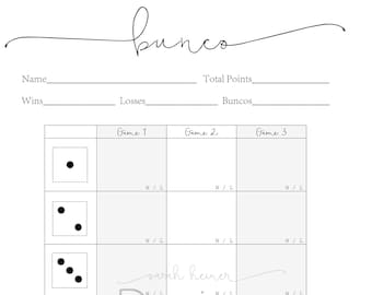 May include: A printable scorecard for the game of Bunco. The scorecard has spaces to record wins, losses, total points, and buncos for each game. The scorecard also has a section for each player to record their score for each round of the game.