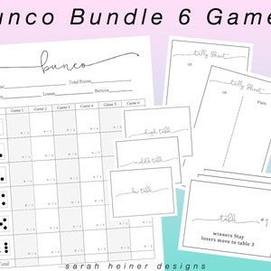 May include: Printable Bunco game scorecard with a black and white design. The scorecard includes spaces for player name, wins, losses, buncos, total points, and scores for six rounds. The scorecard also includes a tally sheet for keeping track of scores.