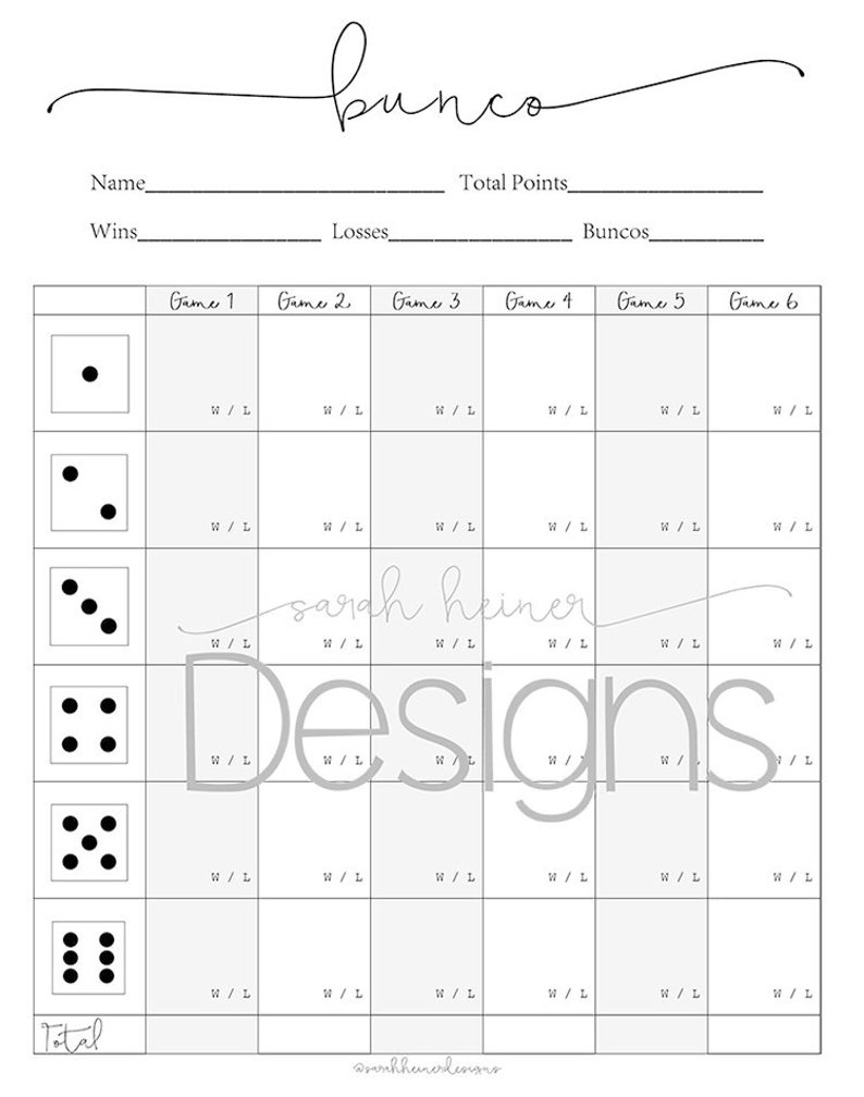 Bunco Score Sheet 6 Games Black And White 8 5 X 11 Etsy