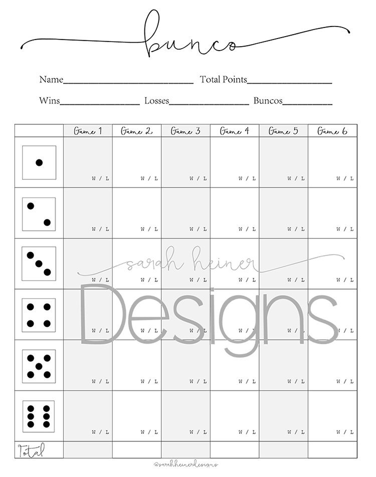 Bunco Score Sheet 6 Games Black and White 8.5 X 11 Instant Download