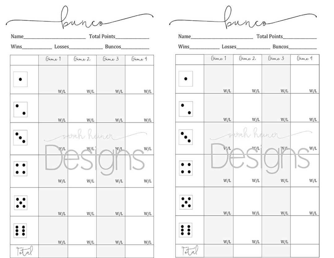 2 Bunco Score Sheets 4 Games Black and White 8.5 X 11 Instant Download
