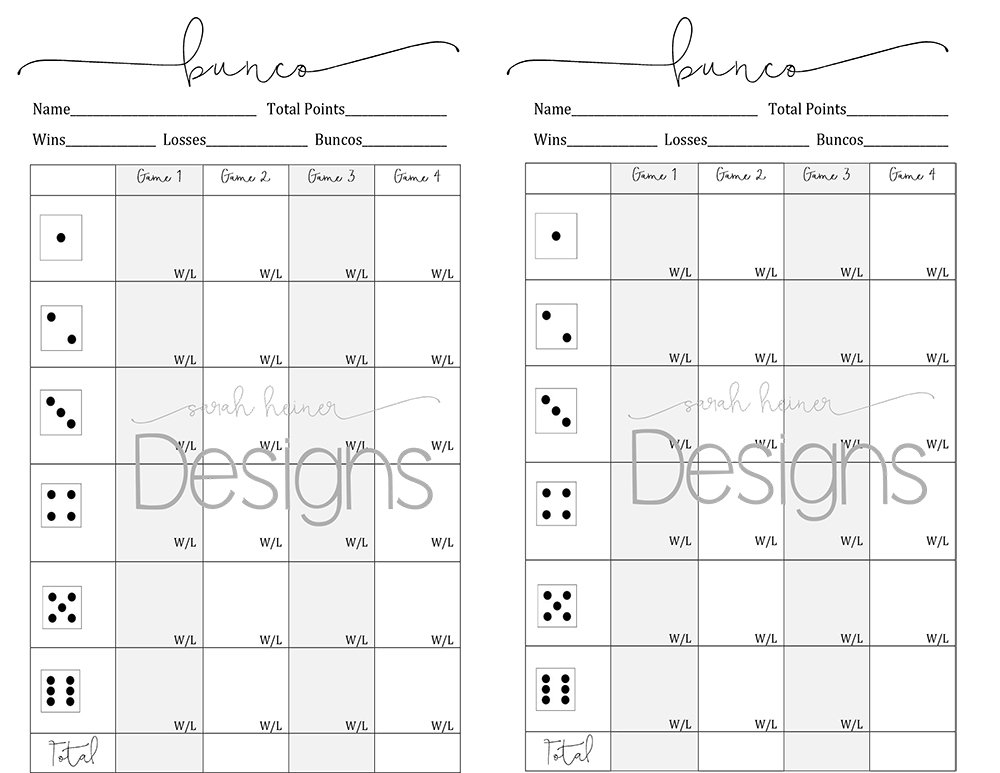 2 Bunco Score Sheets 4 Games Black and White 8.5 X 11 Instant Download