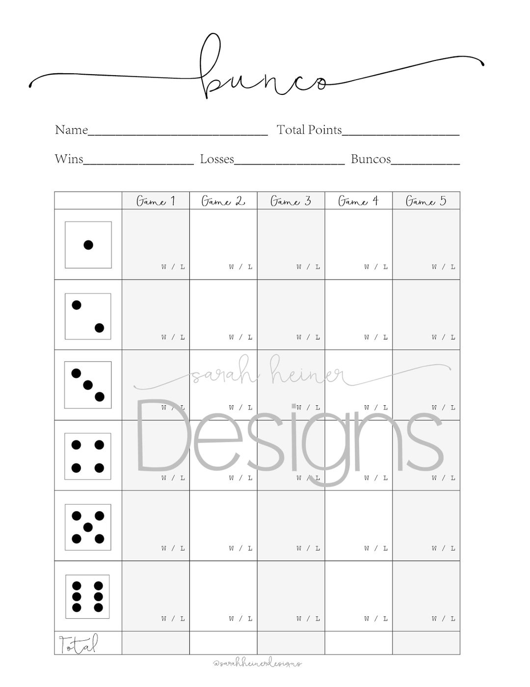 Bunco Score Sheet 5 Games Black and White 8.5 X 11 Instant Download