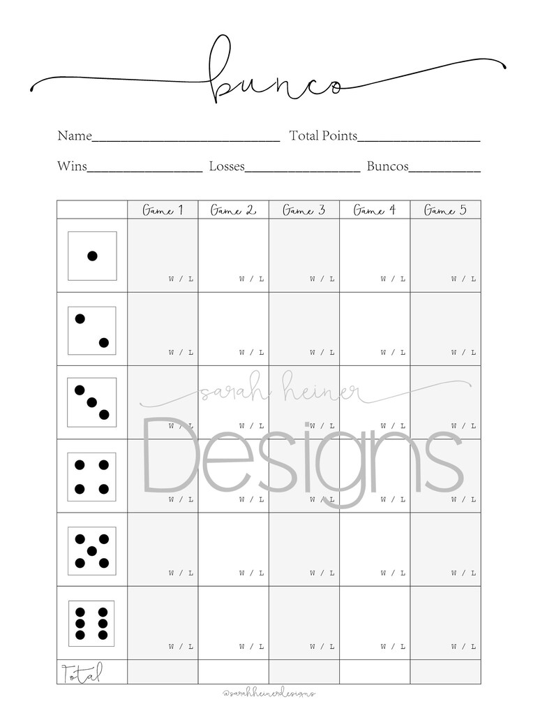 Bunco Score Sheet 5 Games Black and White 8.5 X 11 Instant Download