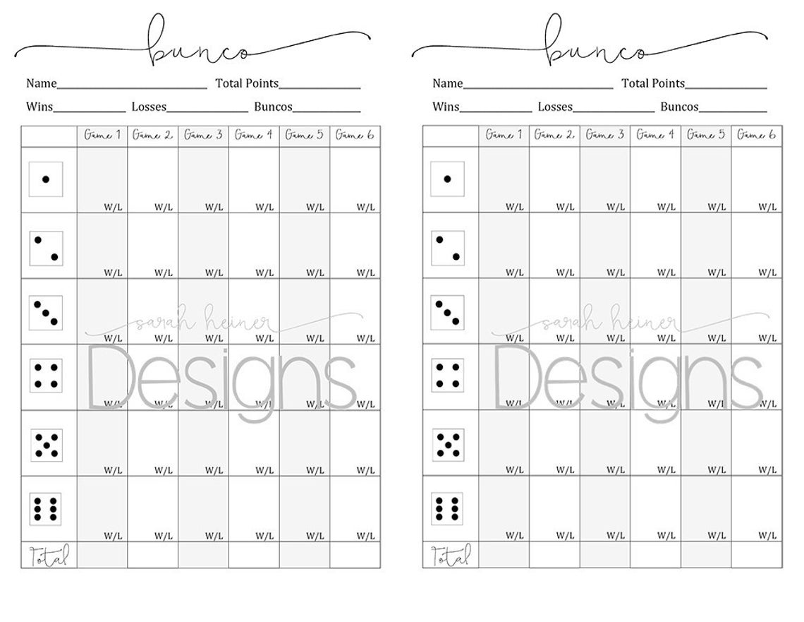 2 Bunco Score Sheets 6 Games Black and White 8.5 X 11 Instant Download