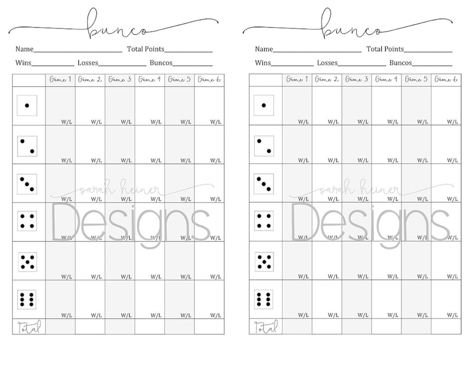 2 Bunco Score Sheets 6 Games Black and White 8.5 X 11 Instant Download