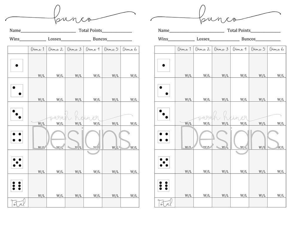 2 Bunco Score Sheets 6 Games Black and White 8.5 X 11 Instant Download