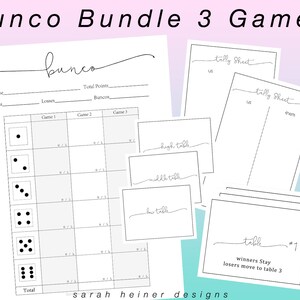 May include: Printable Bunco game bundle with three scorecards, two tally sheets, and a table card. The scorecards have a space for the player's name, wins, losses, total points, and buncos. The tally sheets have spaces for "us" and "them". The table card says "Table #1, winners stay, losers move to table 3".