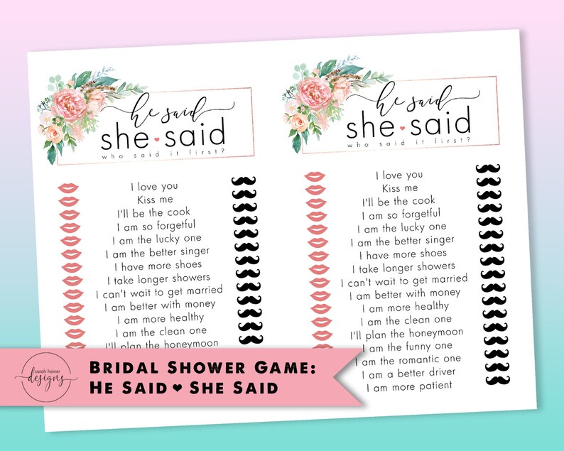2 Bridal Shower Games He Said, She Said Instant Download 8.5x11 Marriage Bride To Be Love image 1