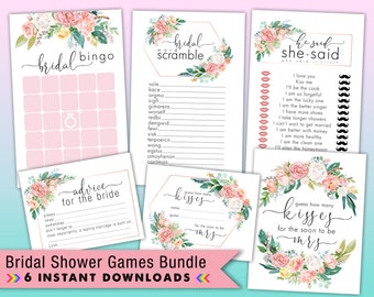 Bridal Shower Games Bundle | He Said She Said | Bridal Bingo | Bridal Word Scramble | How Many Kisses | Advice Card | Instant Download | pdf