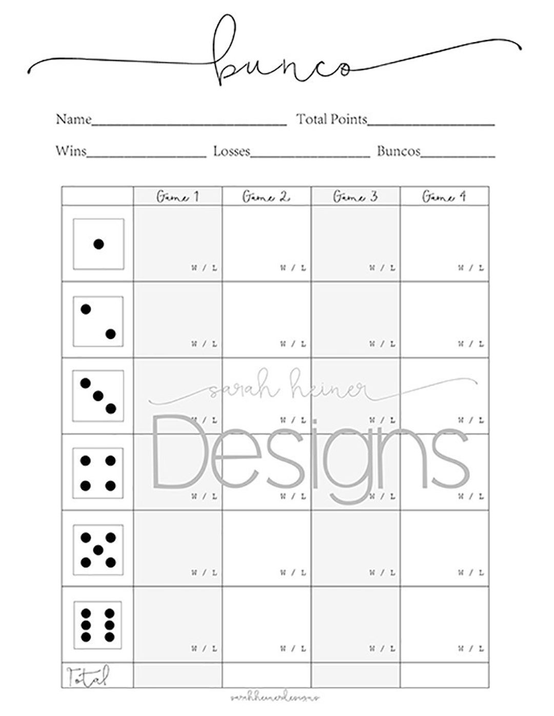 Bunco Score Sheet 4 Games Black and White 8.5 X 11 Instant Download