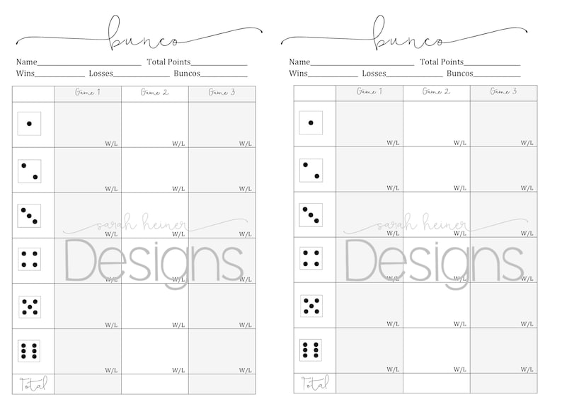 May include: A printable black and white bunco scorecard with spaces to record wins, losses, total points, and buncos for each game. The scorecard includes a visual representation of dice with different numbers of dots.