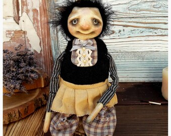 Krampus-art doll-devil-fabric doll-handpainted doll-chains-OOAK-black-curiosities-strange doll-decoration-horns