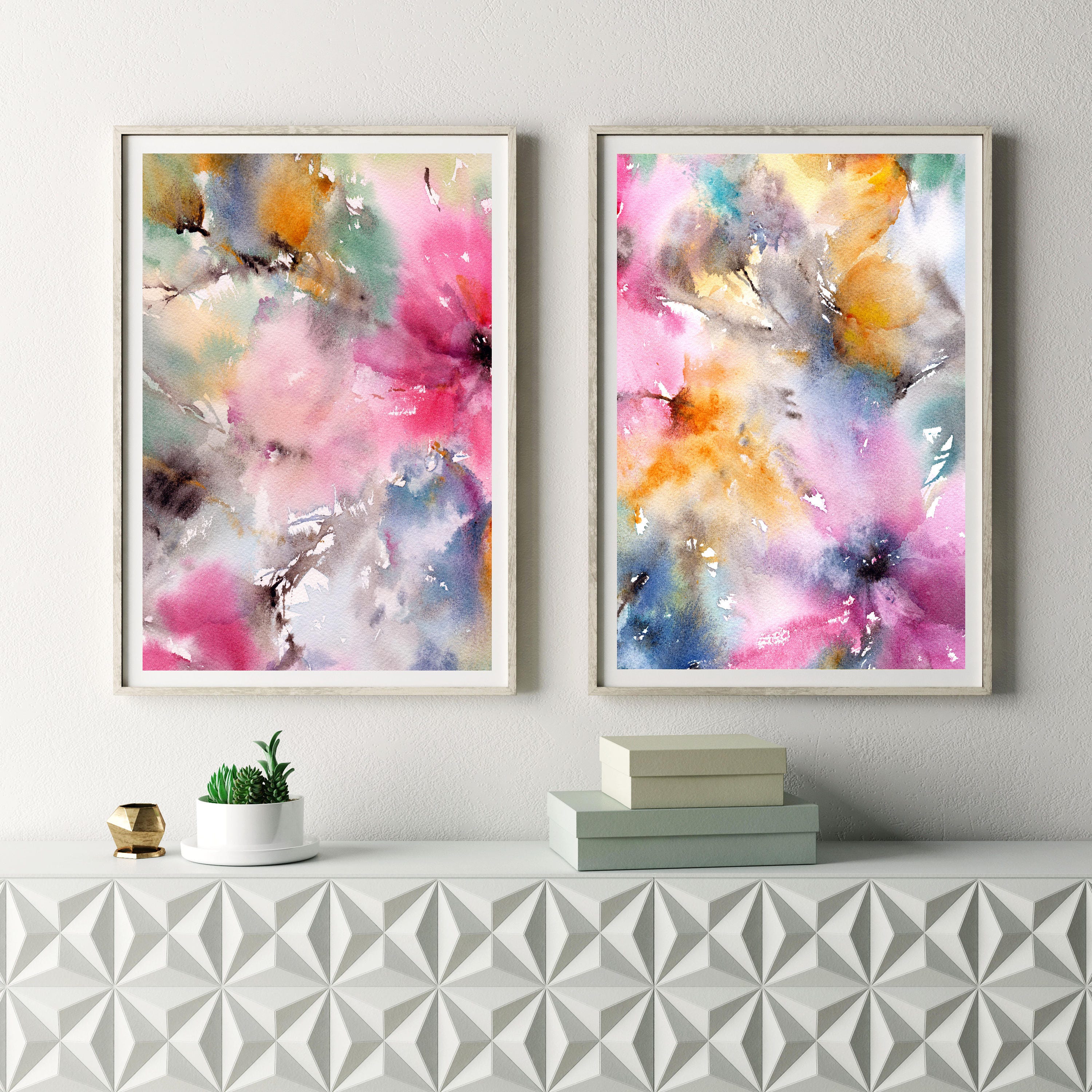 Watercolor pink flowers painting set. Two piece set floral | Etsy