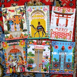 6 cartes postales "Voyage kitsch" / Anniversaire, amour, merci, bonjour / Papeterie bohème
