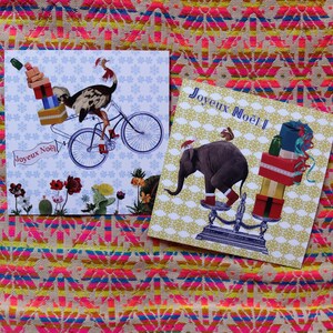 2 cartes de voeux de Noël Autruche et Elephant / Joyeux Noë / avec enveloppe