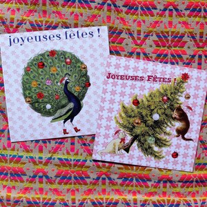 2 cartes de voeux Chats, Paon et sapin de Noël / Joyeuses Fêtes / avec enveloppe