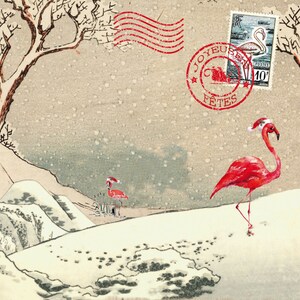 Carte de voeux Flamants roses japonais dans la neige (3 formats) / flamingo christmas card