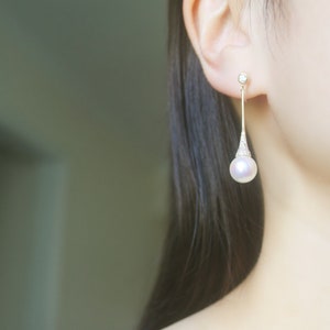 Gold long CZ water drop White crystal pearl invisible resin clip on earrings, non pierced earrings, dangle & drop earrings, gift for her