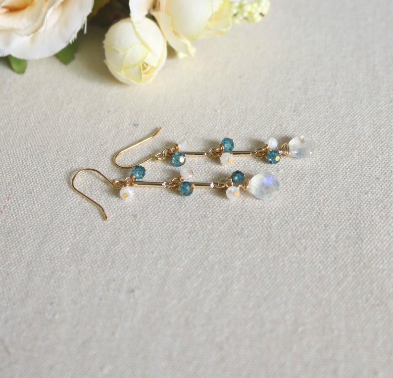moonstone earrings Dangle /& Drop Earrings Rainbow moonstone and London Blue Topaz drop earrings clip on earrings gemstone earrings