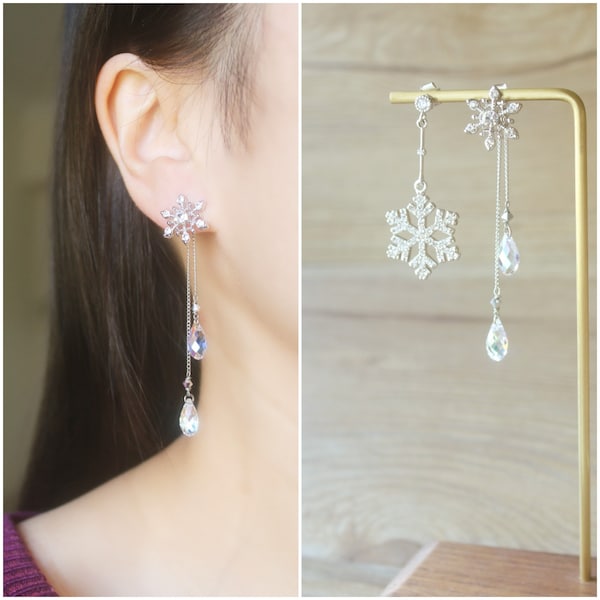 Silver Snowflake Swarovski teardrop crystal mismatched earrings, dangle & drop earrings, wedding earrings, Asymmetrical earrings, gift