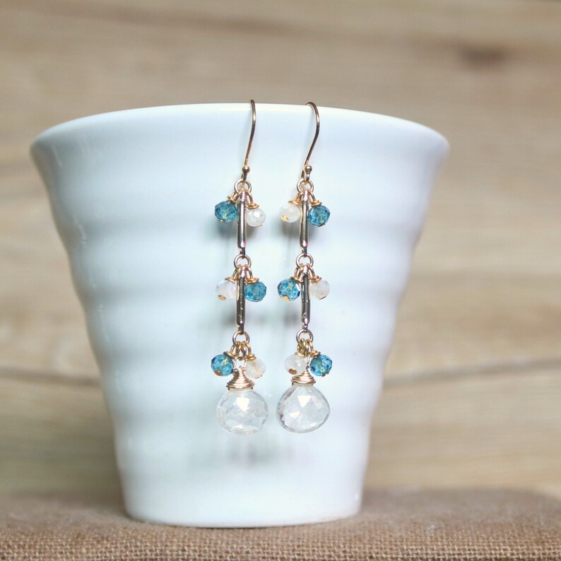 moonstone earrings Dangle /& Drop Earrings Rainbow moonstone and London Blue Topaz drop earrings clip on earrings gemstone earrings