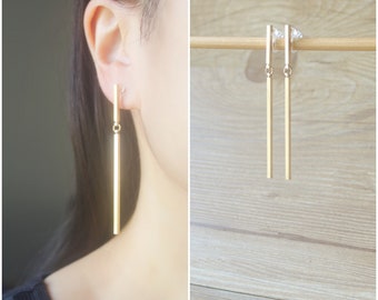 Gold bar stud long dangle bar invisible resin clip on earrings, non pierced earrings, dangle & drop earrings, Minimalist earrings, gift