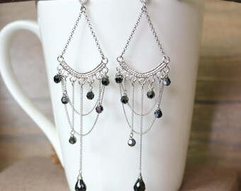 Black crystal and Chain Chandelier earrings, Dangle & Drop Earrings, gift for her, wedding jewelry, bridal earrings, clip on earrings