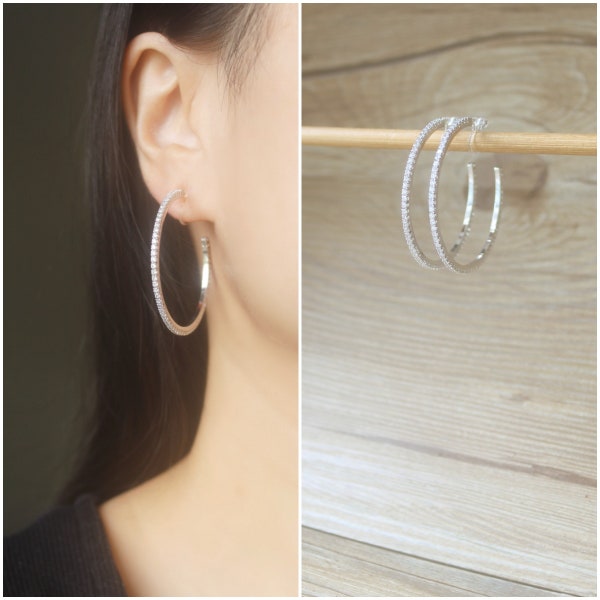 Silver 43mm CZ Rhinestone open hoop invisible resin clip on earrings, non pierced earrings, crystal hoop earrings, Minimalist earrings, gift