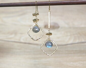 Labradorite cluster mismatched earrings, Dangle & Drop Earrings, clip on earrings, gemstone earrings, asymmetrical earrings, cluster earring